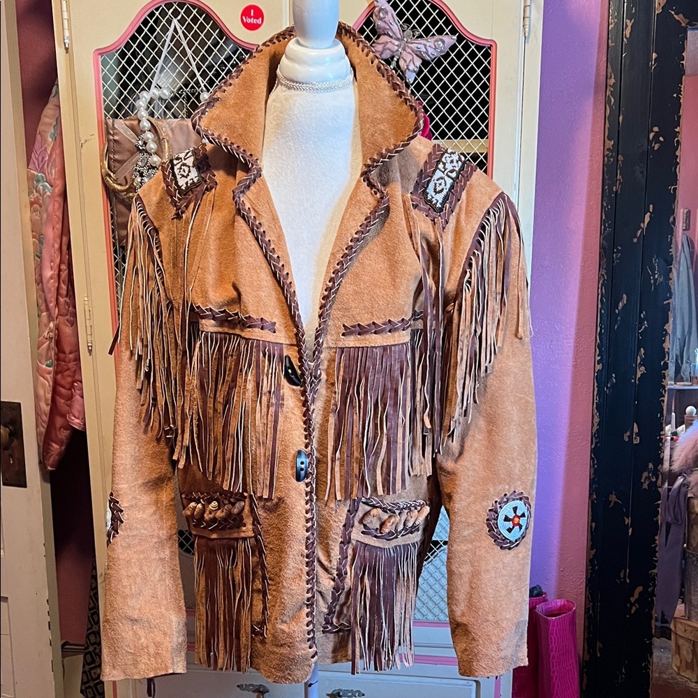 Fringed Tan Jacket with Beaded Details